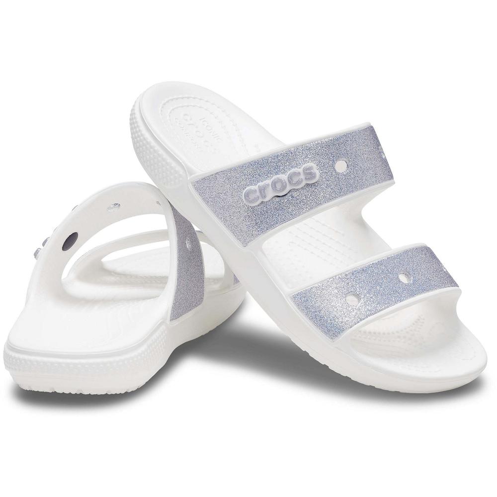 Silver / White Men's Crocs Classic Glitter Sandals | NZ 1236FDNM